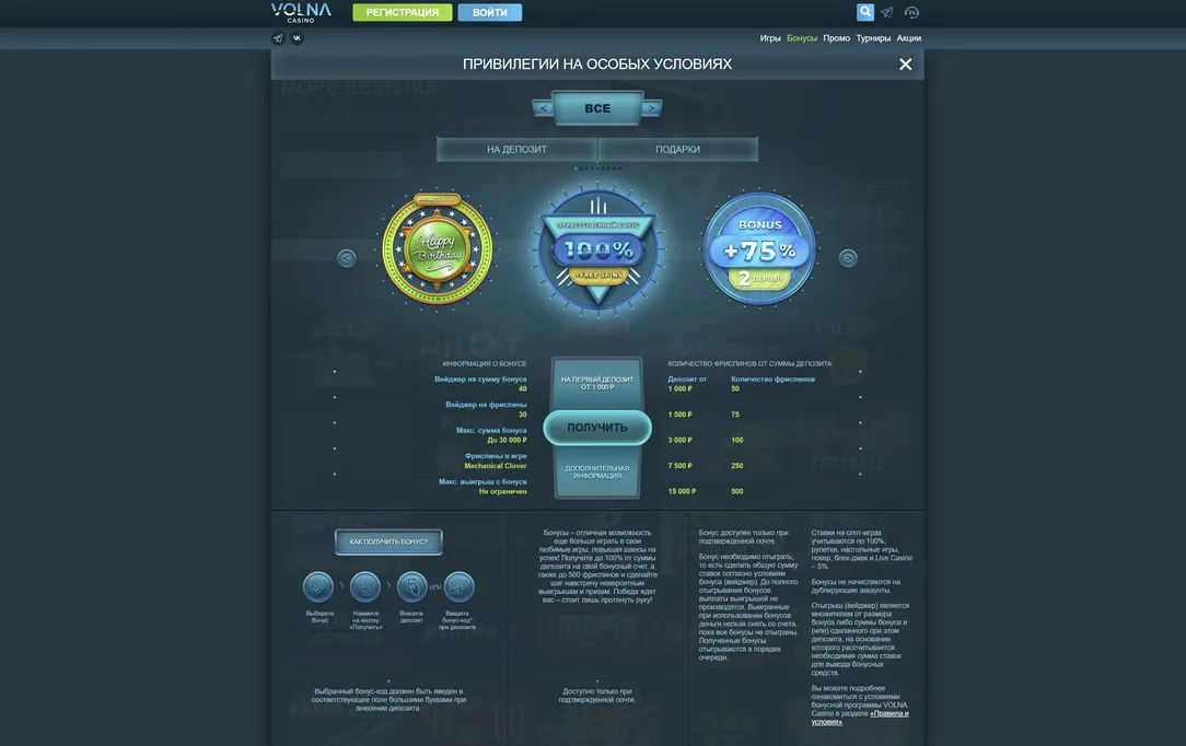 Каталог бонусов для игроков в Volna казино.
